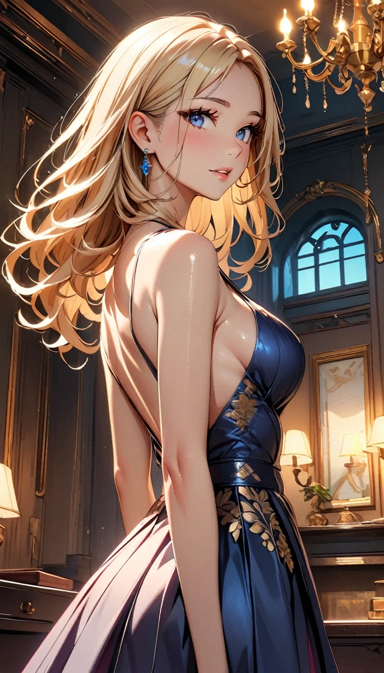 (Highest quality:1.2, High Detail, masterpiece:1.2, Best aesthetics), (1 girl), Beautiful woman, long formal evening dresses, Beautiful detailed eyes, Beautiful detailed lips, Highly detailed face, Detailed Fashion, elegant, luxury, High quality fabric, Shine, Shine, Room, chandelier, Luxuriously decorated rooms, Dramatic lighting, cinematic, Bright colors, Intricate details, chiaroscuro lighting.
