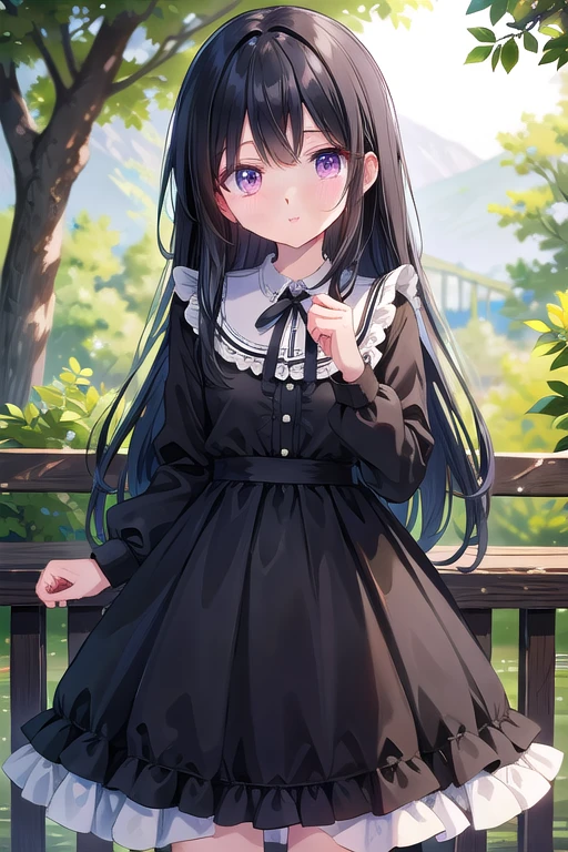 (masterpiece), Highest quality, Detailed Background, Cinema Lighting, nature, One person, Long Hair, Black Hair, cute, blush, dress, Frills