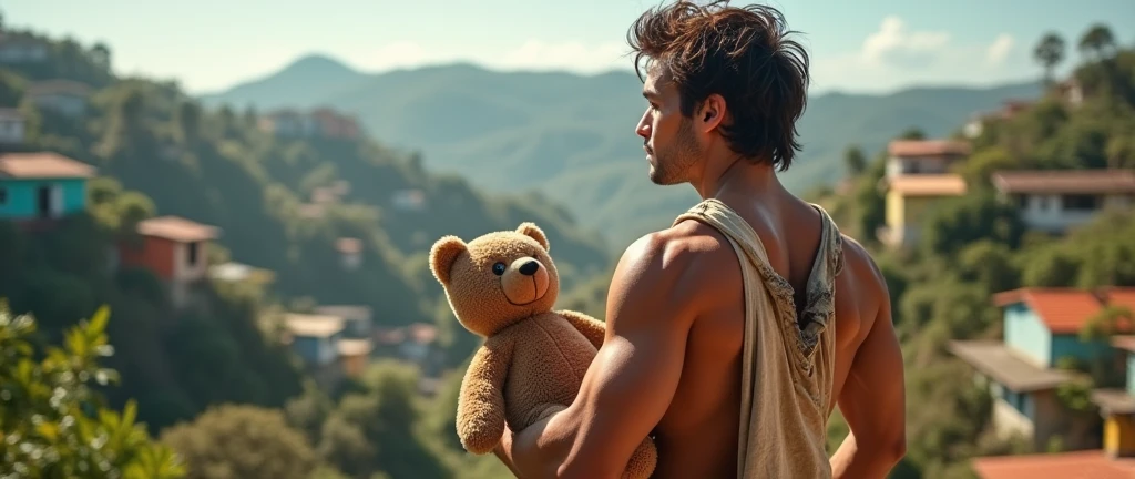 Man, beautiful, attractive face, hazel eyes, perfect jaw and chin, muscular, defined, attractive body , wearing a dirty, torn shirt , rebellious brown hair, sun-burnt , in the Brazilian favela , with houses from Brazil , He is facing away, looking at the landscape of the hill. , He is holding a teddy bear in his hand.
