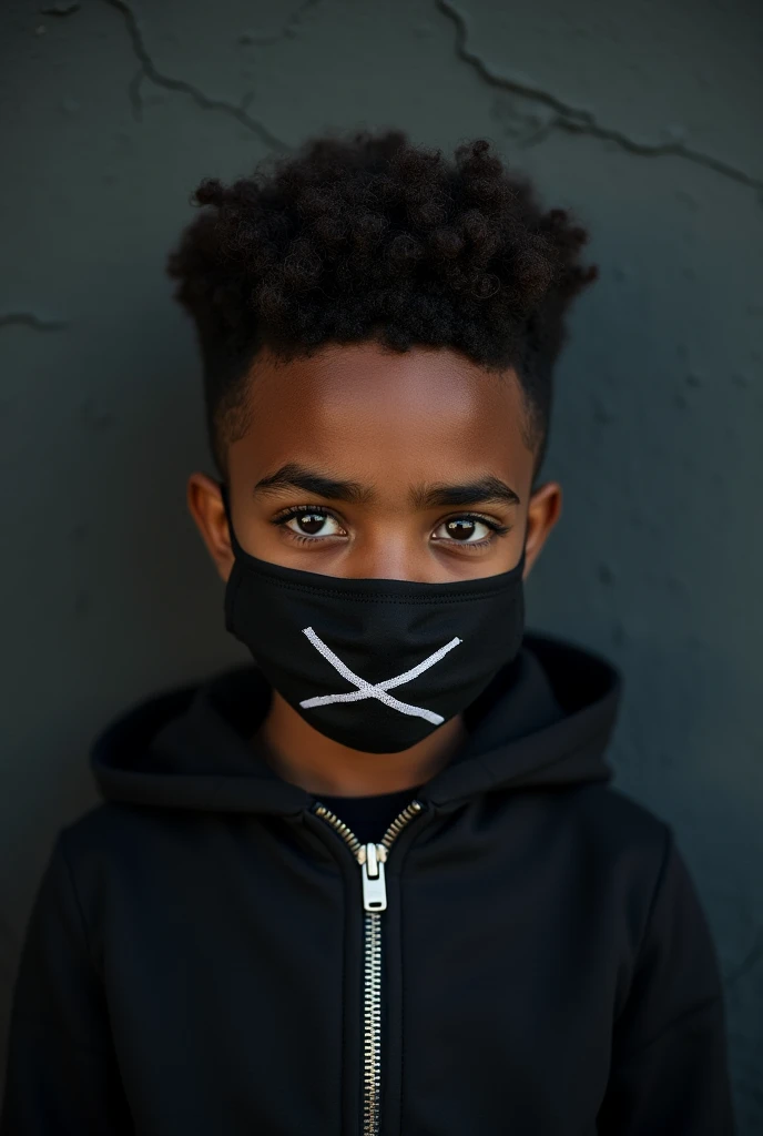 i want a portrait of a black boy with thick eyebrows brown eyes,his mouth covered by an artistic mask with an x drawn on it, he has curly hair a shaved haircut on the side fuller on top, he is wearing a black jacket with a hood,with a sad expression,He's in a dark environment,we can see only a dark wall behind him,with cracks on it.