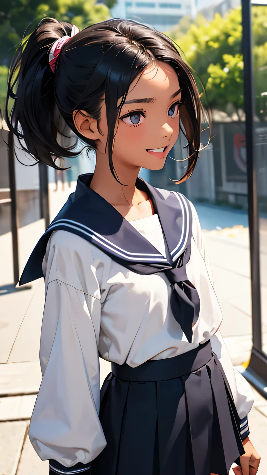 Highest quality、Realistic、、zoom、Primary school students、Girl、look up、cute、Light grey eyes、Black Hair、Long ponytail hair、Tanned brown skin、Dark Skin、Sailor suit、Navy Skirt、Shy laugh、Flat Chest、Bust Shot、Back view、thin