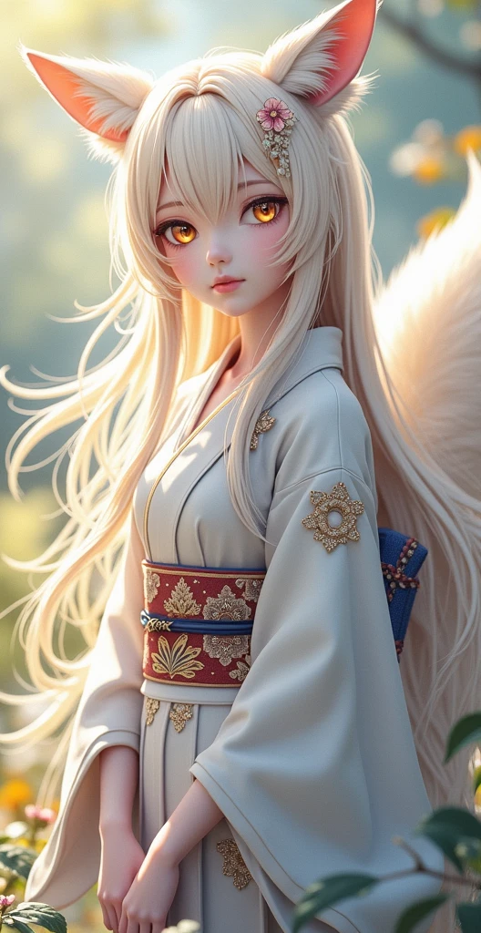 a beautiful kitsune fox girl, 1girl, elegant fox ears and tail, intricate detailed face, striking golden eyes, delicate facial features, long flowing hair, detailed kimono dress, detailed ornate patterns, ethereal glowing aura, fantasy landscape background, detailed foliage and trees, sunlight filtering through the leaves, cinematic lighting, vibrant colors, digital art, concept art style, (best quality,4k,8k,highres,masterpiece:1.2),ultra-detailed,(realistic,photorealistic,photo-realistic:1.37)