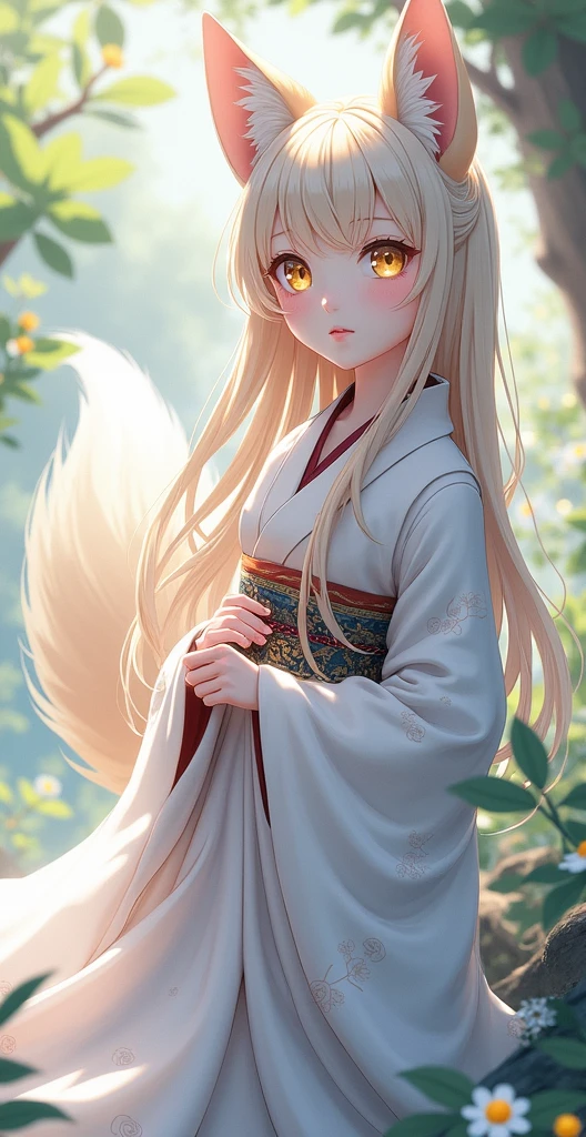 a beautiful kitsune fox girl, 1girl, elegant fox ears and tail, intricate detailed face, striking golden eyes, delicate facial features, long flowing hair, detailed kimono dress, detailed ornate patterns, ethereal glowing aura, fantasy landscape background, detailed foliage and trees, sunlight filtering through the leaves, cinematic lighting, vibrant colors, digital art, concept art style, (best quality,4k,8k,highres,masterpiece:1.2),ultra-detailed,(realistic,photorealistic,photo-realistic:1.37)