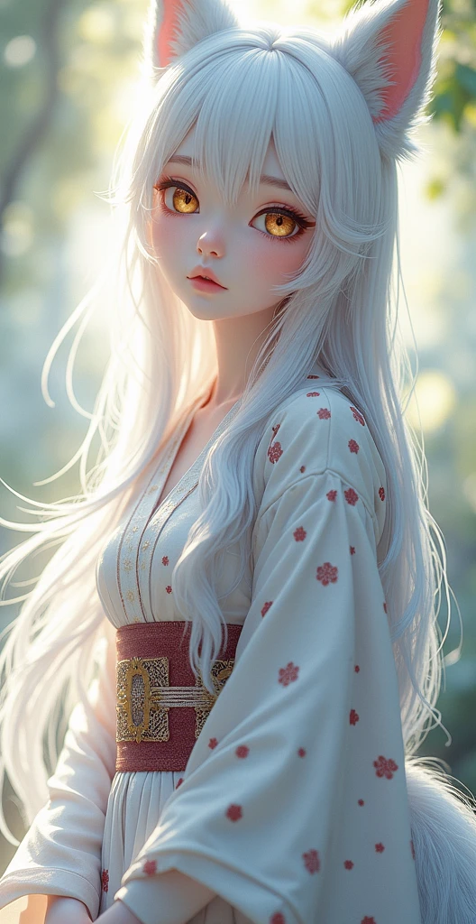 a beautiful kitsune fox girl, 1girl, elegant fox ears and tail, intricate detailed face, striking golden eyes, delicate facial features, long flowing hair, detailed kimono dress, detailed ornate patterns, ethereal glowing aura, fantasy landscape background, detailed foliage and trees, sunlight filtering through the leaves, cinematic lighting, vibrant colors, digital art, concept art style, (best quality,4k,8k,highres,masterpiece:1.2),ultra-detailed,(realistic,photorealistic,photo-realistic:1.37)