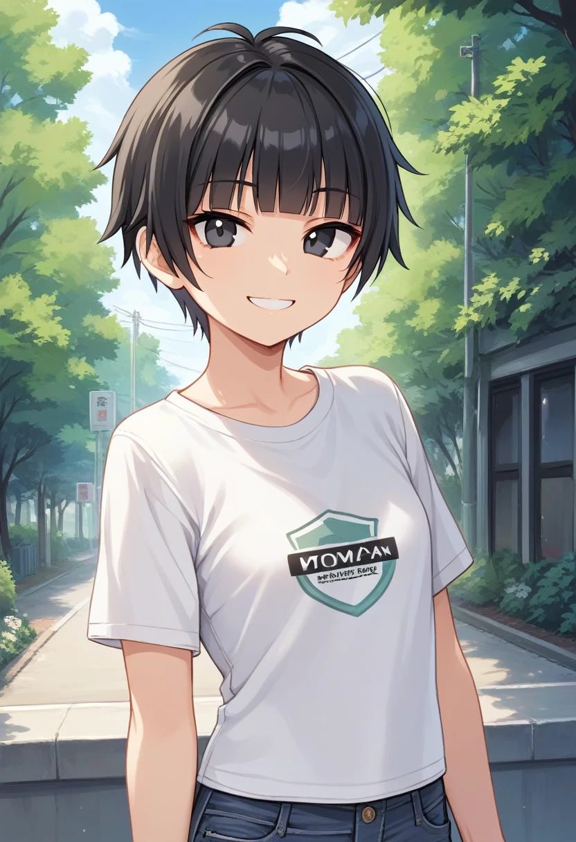 1girl, solo, tomboy, straight hair, short hair, blunt bangs, black hair, score_9, black eyes, white t-shirt, jeans, outdoors, upper body, looking at viewer, smile