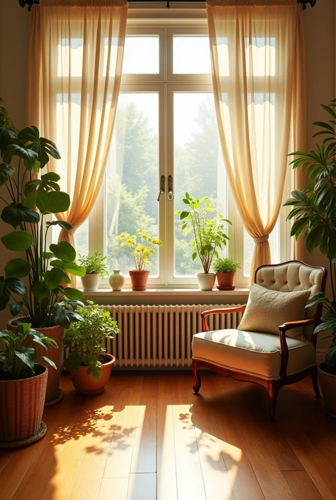 A room illuminated by natural light streaming in through a large window.