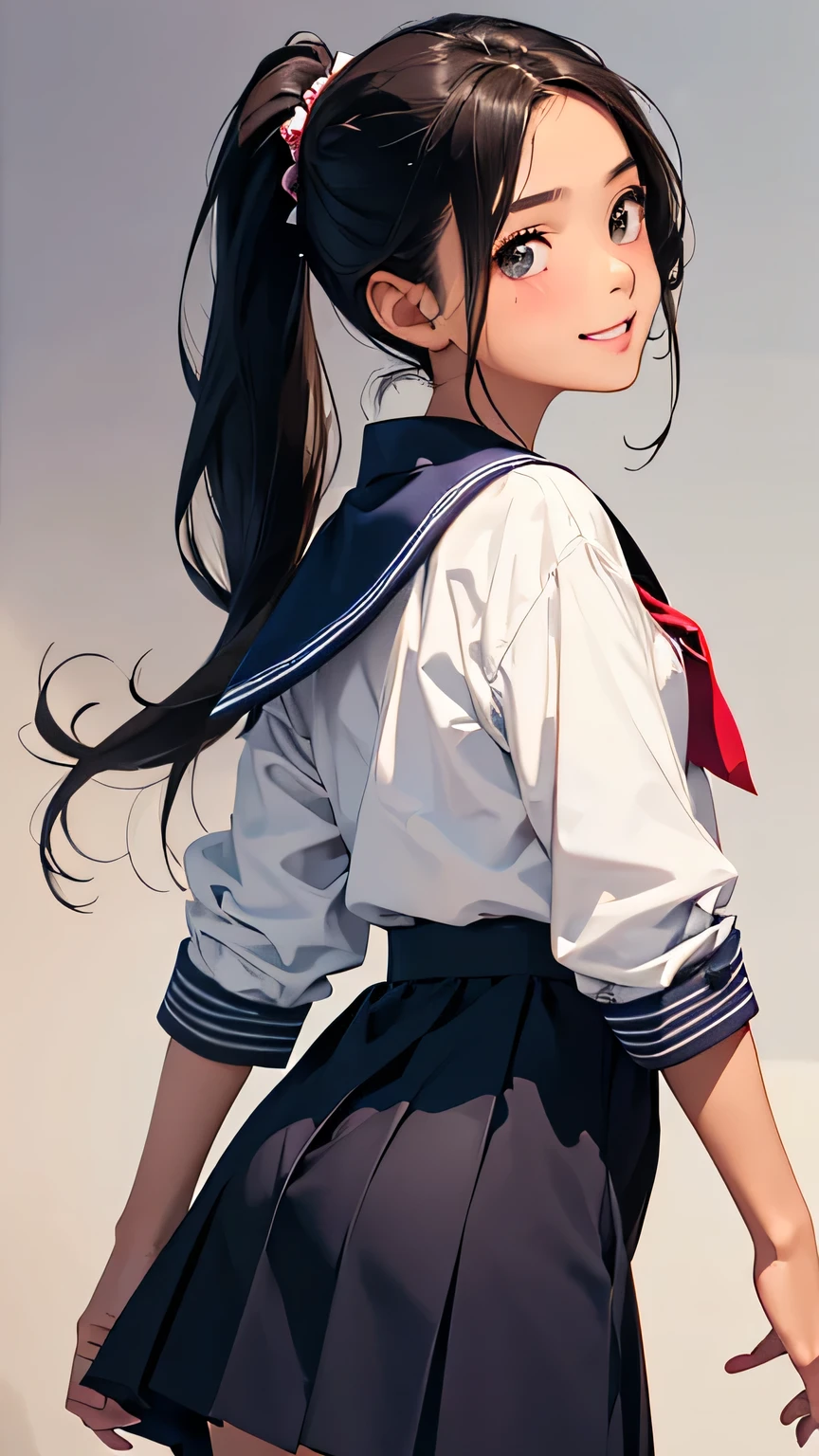 Highest quality、Realistic、、zoom、Primary school students、Girl、look up、cute、Light grey eyes、Black Hair、Long ponytail hair、Tanned brown skin、Dark Skin、Sailor suit、Navy Skirt、Shy laugh、Flat Chest、Bust Shot、Back view、thin