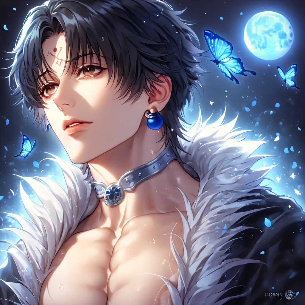 absurdres, highres, ultra detailed, HDR, master piece, best quality, extremely detailed, Chrollo Lucilfer, black hair, expressive brown eyes, Hunter x Hunter, solo, sexy man, handsome, sensual, manly man, horny, black coat with high fur collar, without shirt, blue earrings, fantasy, magical, blue moon, blue flowers, blue butterflies, blue petals, blossoms, water