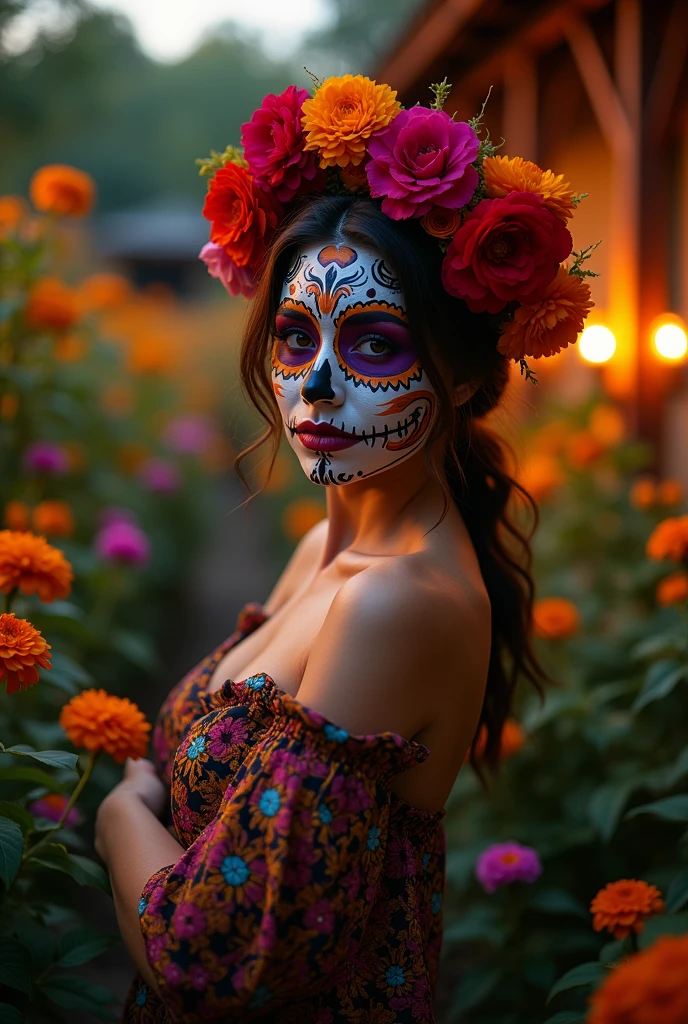 Linda with a Mexican skull face paint, naked., skin fair
