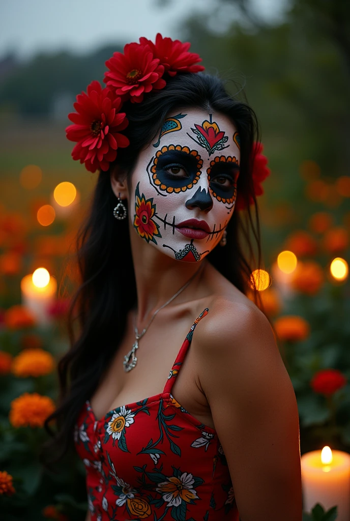Linda with a Mexican skull face paint, naked., skin fair