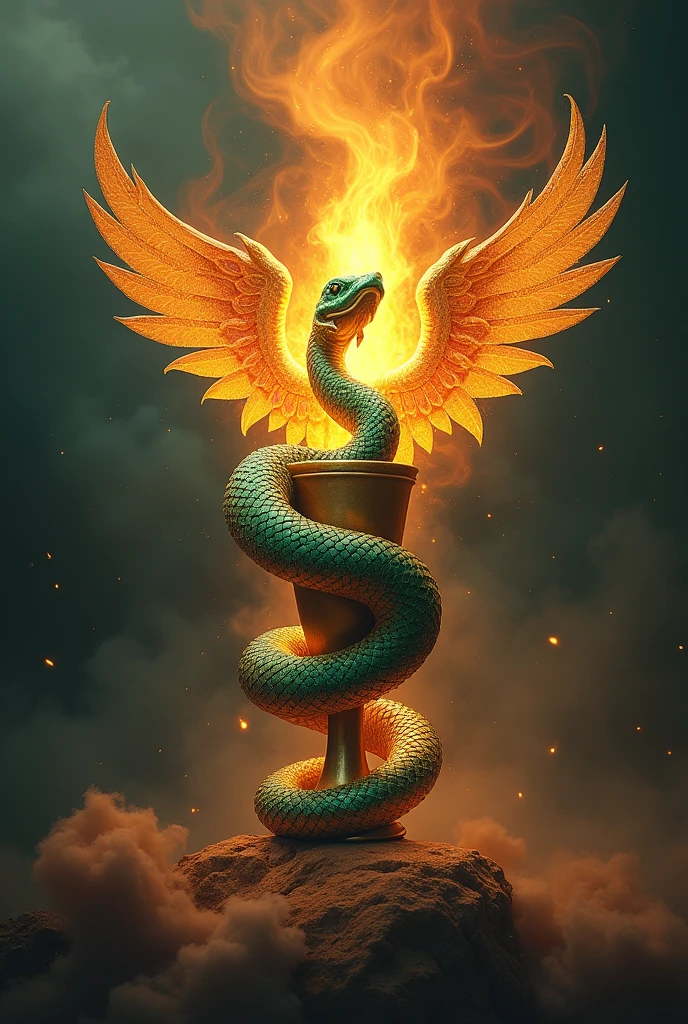 A simple crest of a winged snake before a flaming cup