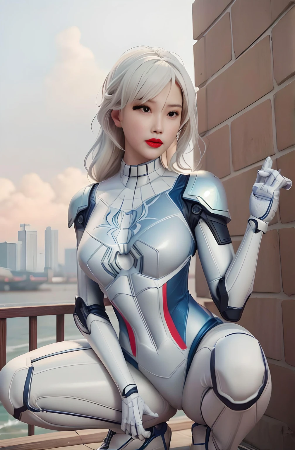 RAW photo, photo-realistic, ((Roseann Park)) as Spider Gwen, (((robotic armor suit, articulated armor suit, metallic armor suit)) or ((white spider-man suit))), spider-man, teal color accent, high heels((stilleto, platfoms)), spider, super hero, full body suit, armor, iron man, iron spider, medium white hair, beautiful face, rain, rooftop perch, masterpiece, intricate detail, perfect anatomy, ((masterpiece, best quality, highres, adult female)), realism, 1girl, TONED ABs, beautiful, intricate details, depth of field, 8k uhd, dslr, soft lighting, high quality, film grain, Fujifilm XT3