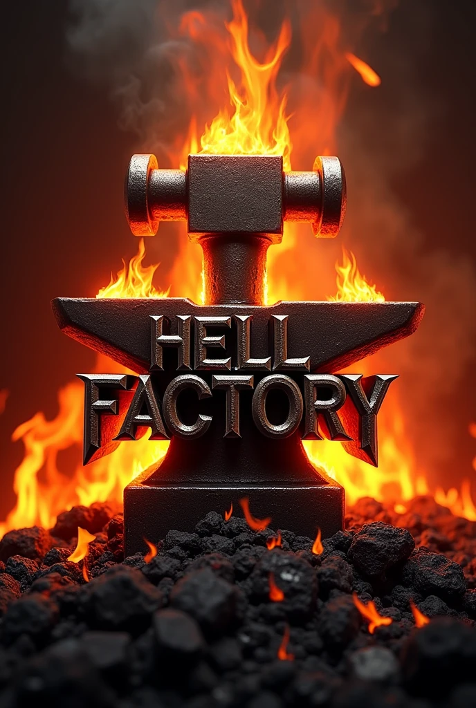 logo with hammer and anvil design with the words "hell factory" on a warm color palette associated with hell 