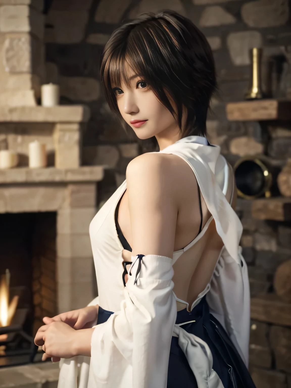20 year old Japanese beauty,One person、Muscular body like a bodybuilder、Emphasize the breasts、Slit eyes、A head-to-toe view,Bust is very very large、The background is a medieval European kitchen、High quality photos、Clear, crisp images of the lower body、Masterpiece 8k、Smiling、Warming my hands by the fireplace、From the front, from the side, from the back, etc.々from what camera angle to shoot、FF10 Yuna's outfit、