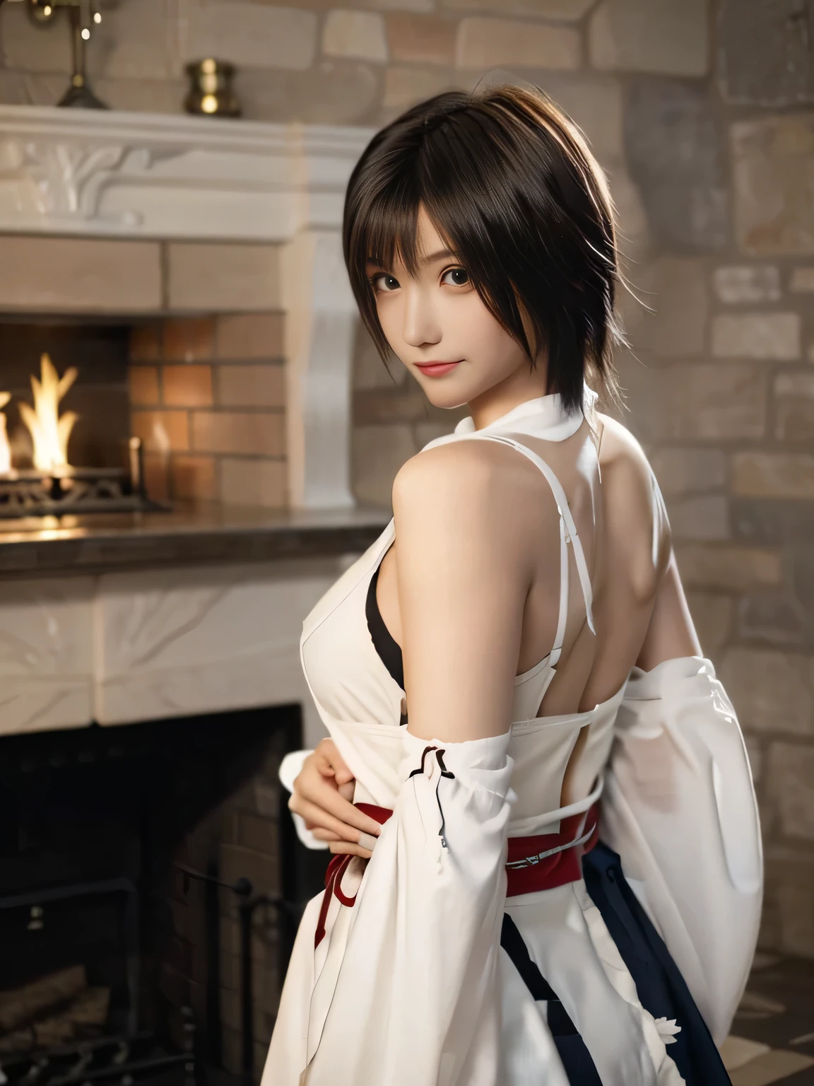 20 year old Japanese beauty,One person、Muscular body like a bodybuilder、Emphasize the breasts、Slit eyes、A head-to-toe view,Bust is very very large、The background is a medieval European kitchen、High quality photos、Clear, crisp images of the lower body、Masterpiece 8k、Smiling、Warming my hands by the fireplace、From the front, from the side, from the back, etc.々from what camera angle to shoot、FF10 Yuna's outfit、