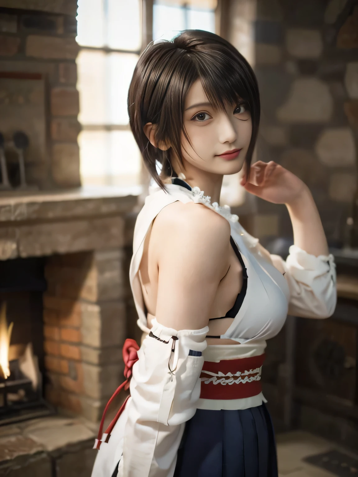 20 year old Japanese beauty,One person、Muscular body like a bodybuilder、Emphasize the breasts、Slit eyes、A head-to-toe view,Bust is very very large、The background is a medieval European kitchen、High quality photos、Clear, crisp images of the lower body、Masterpiece 8k、Smiling、Warming my hands by the fireplace、From the front, from the side, from the back, etc.々from what camera angle to shoot、FF10 Yuna's outfit、