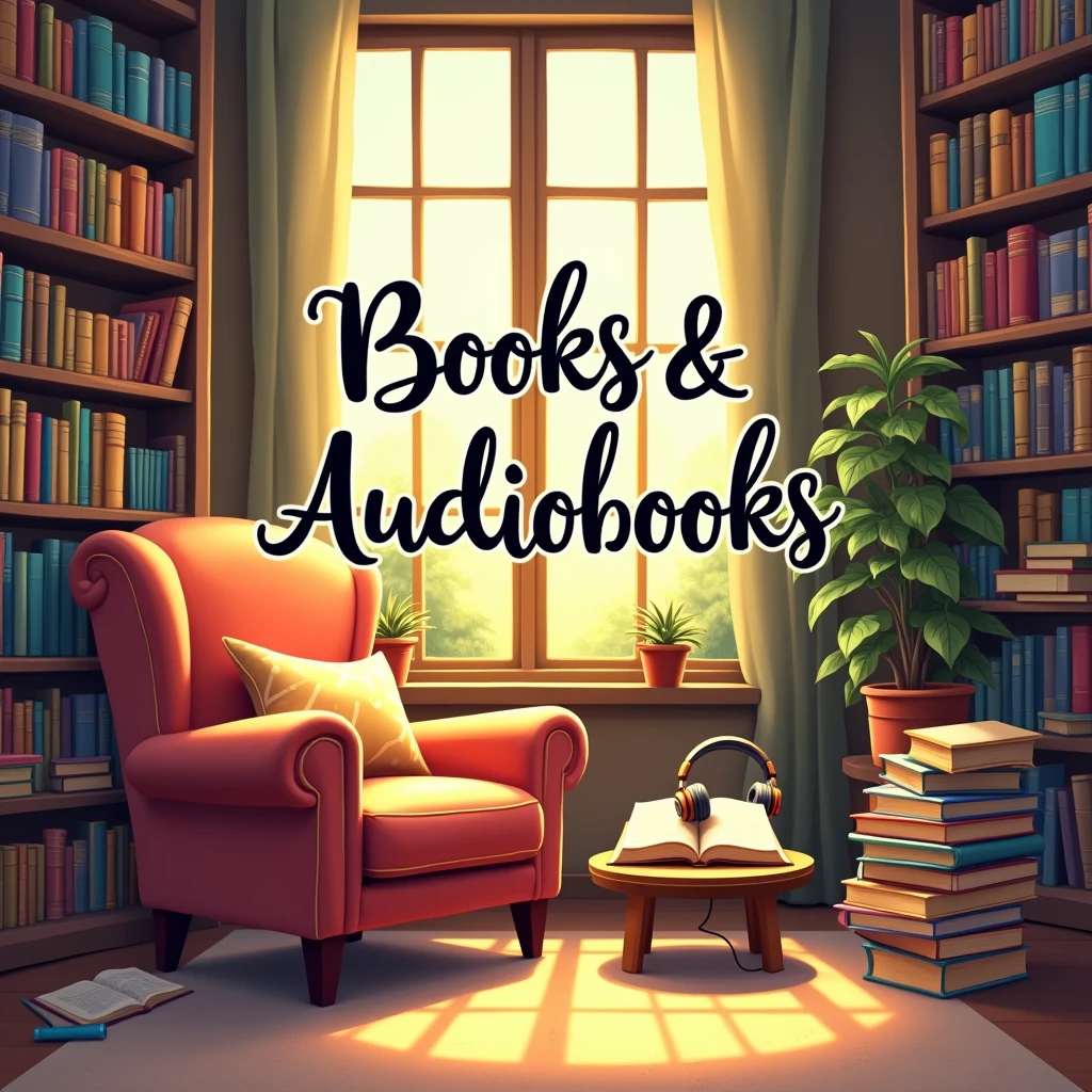 Create a vibrant and engaging illustration that captures the essence of "Books & Audiobooks." The scene should feature a cozy reading nook filled with an array of colorful books stacked on shelves, alongside a comfortable armchair. Include a pair of headphones resting on a nearby table, symbolizing audiobooks. Sunlight should filter through a window, casting warm light on the pages of an open book. The atmosphere should evoke a sense of tranquility and joy, inviting viewers to immerse themselves in the world of literature.Write Books & Audiobooks on the image