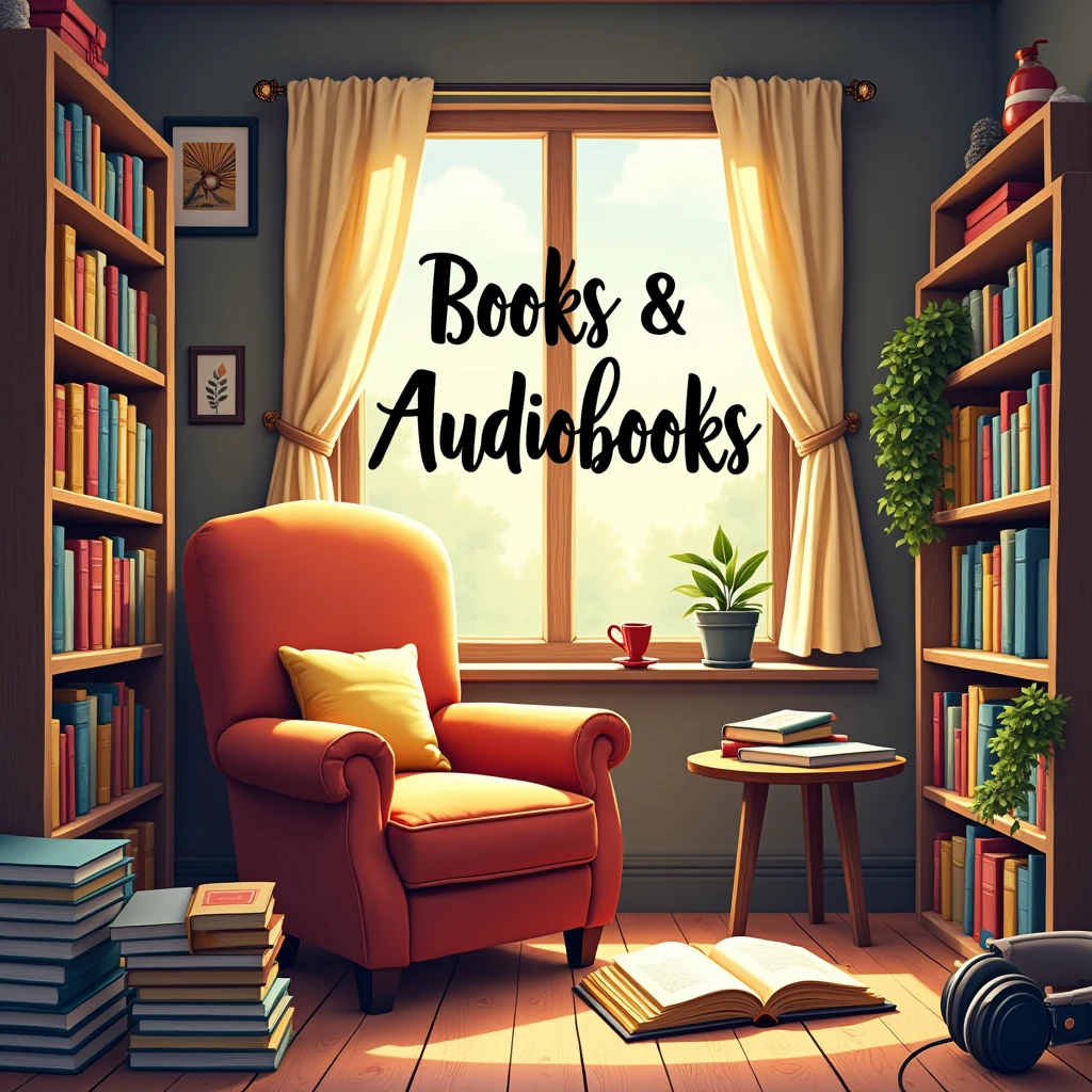 Create a vibrant and engaging illustration that captures the essence of "Books & Audiobooks." The scene should feature a cozy reading nook filled with an array of colorful books stacked on shelves, alongside a comfortable armchair. Include a pair of headphones resting on a nearby table, symbolizing audiobooks. Sunlight should filter through a window, casting warm light on the pages of an open book. The atmosphere should evoke a sense of tranquility and joy, inviting viewers to immerse themselves in the world of literature.Write Books & Audiobooks on the image