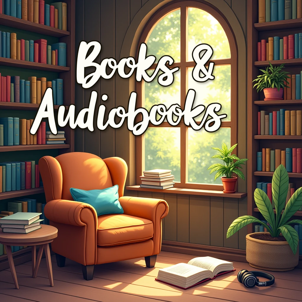 Create a vibrant and engaging illustration that captures the essence of "Books & Audiobooks." The scene should feature a cozy reading nook filled with an array of colorful books stacked on shelves, alongside a comfortable armchair. Include a pair of headphones resting on a nearby table, symbolizing audiobooks. Sunlight should filter through a window, casting warm light on the pages of an open book. The atmosphere should evoke a sense of tranquility and joy, inviting viewers to immerse themselves in the world of literature.Write Books & Audiobooks on the image