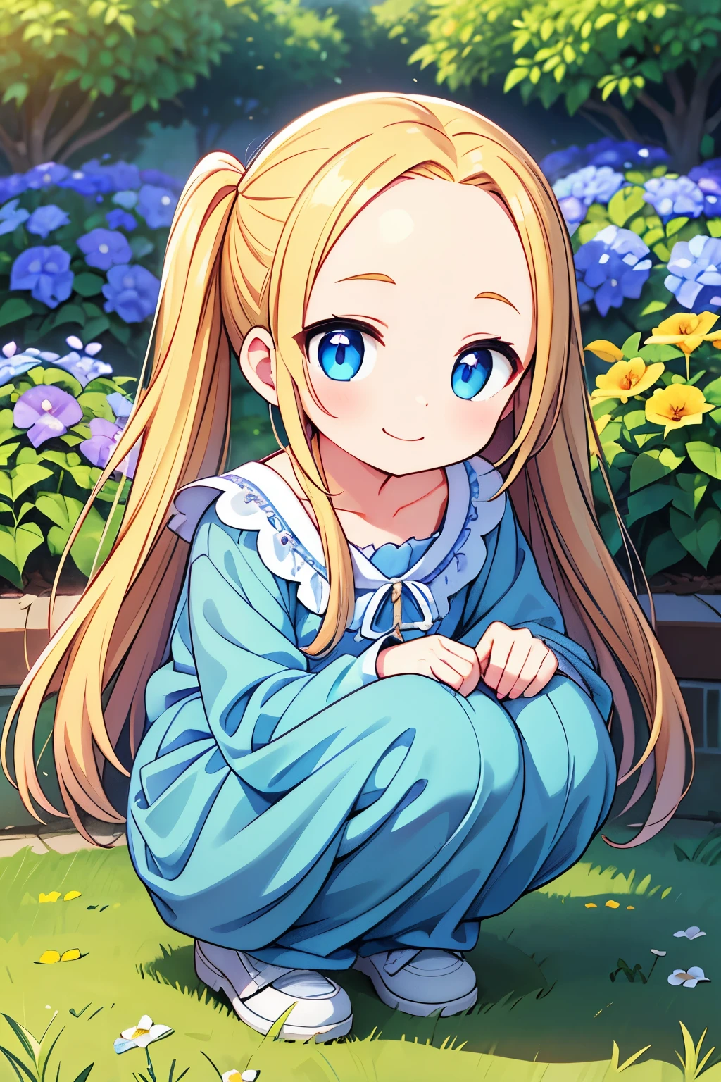 Photorealistic、（smile、hairpin、A hairstyle that reveals a large forehead、A hairstyle parted in the middle、No sleeve、Squatting down to observe the flowers）、Taking a walk through a garden where morning glories are blooming.、Morning Dew