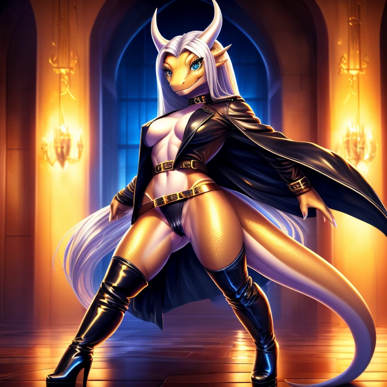 Ultra detailed, ((masterpiece)), ((all whole total body photo of)), ((kobold)), ((Lizard like)), female kobold, (gold scales, gold skin), horns, feminine features, (wearing a long black leather trench coat and mini skirt with knee high boots), (long silver hair), (camel toe), (long tail), full body, high detail, full picture, png file, showing full body, (dynamic pose), ((full-length portrait photo))), (Perfect_eyes), long_eyelashes, sexy, 1080p, (best quality), (masterpiece)