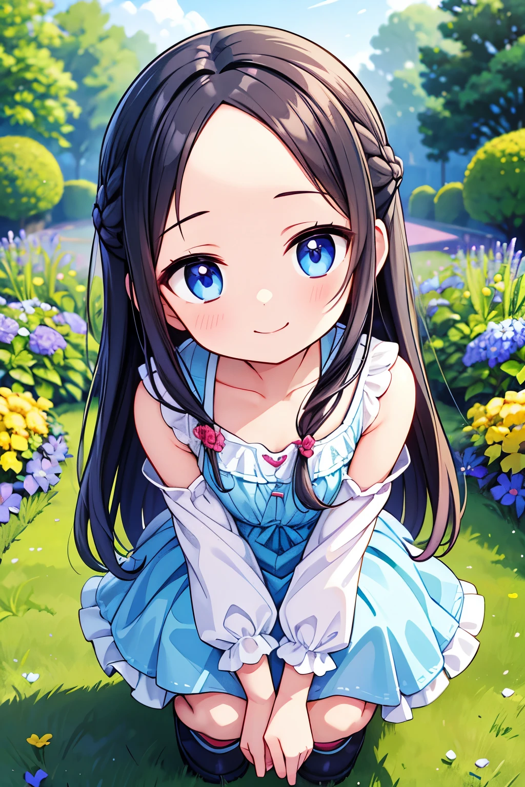 Photorealistic、(smile、hairpin、A hairstyle that reveals a large forehead、A hairstyle parted in the middle、No sleeve、Squatting down to observe the flowers)、Taking a walk through a garden where morning glories are blooming.、Morning Dew