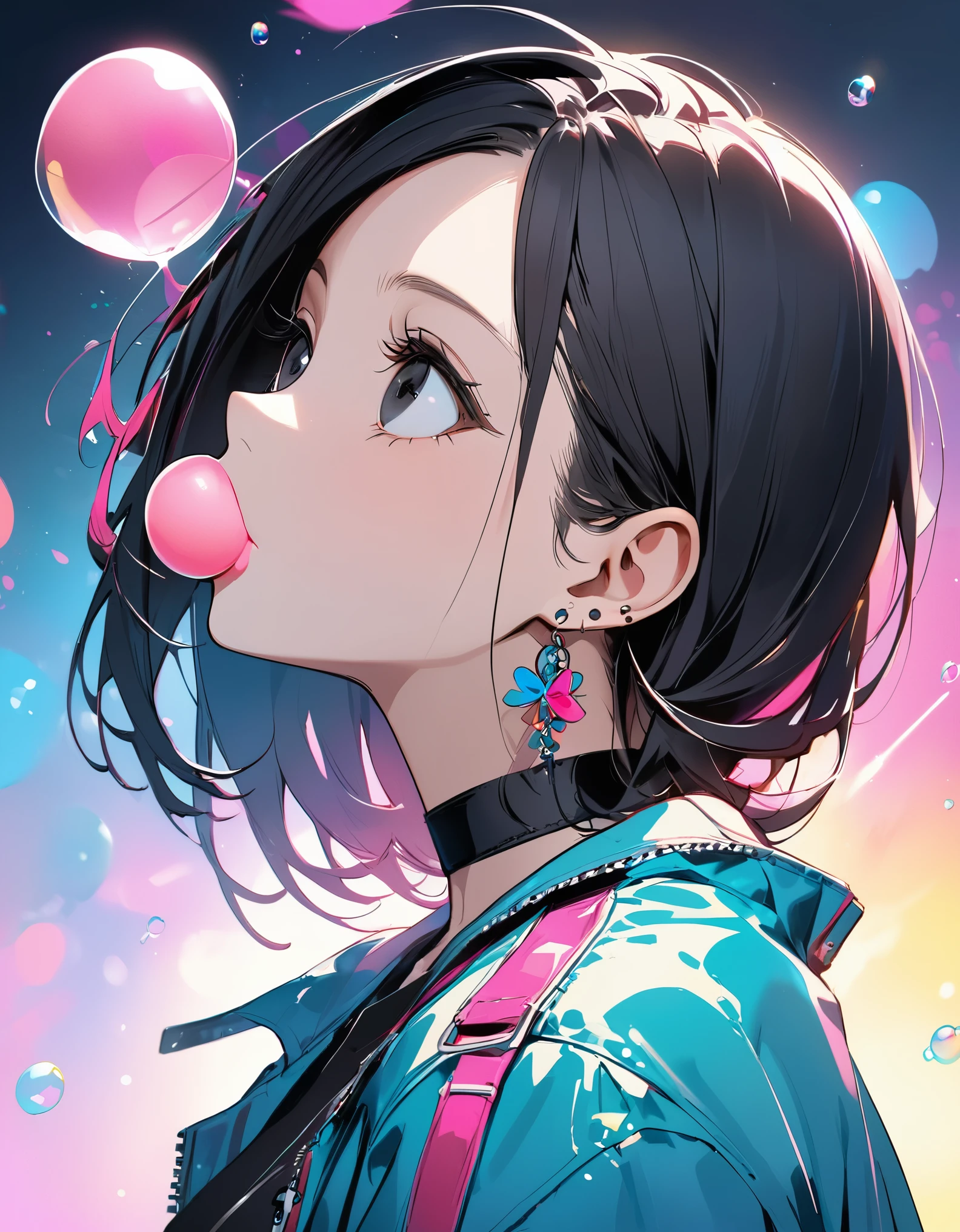 best quality, beautiful, 8K, expressionless, blew bubble gum, looking back, looking up, black eyes, slim, jacket, earrings, choker, concept, colorfull