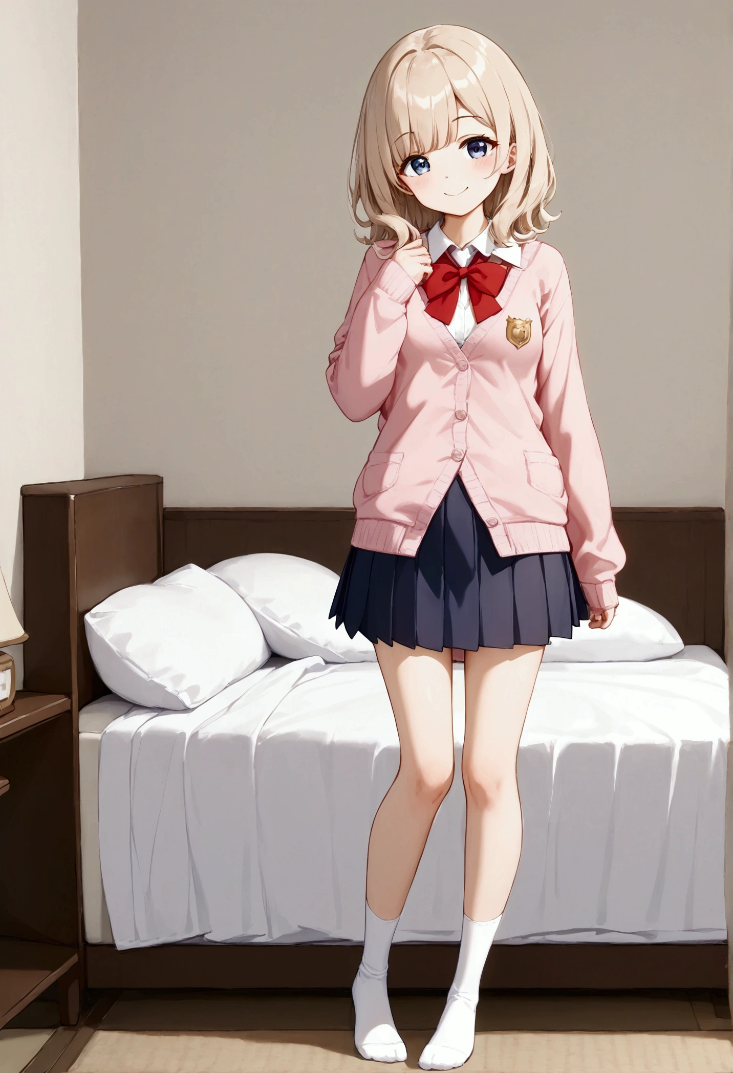 Highest quality, High resolution, masterpiece:1.2, Very detailed,Full body portrait, woman１people、cute、Small breasts、blouse、Pleated skirt、Red ribbon、Beige hair、Very young、bed、(Pink Cardigan)、smile、Straight medium hair、White socks、Are standing