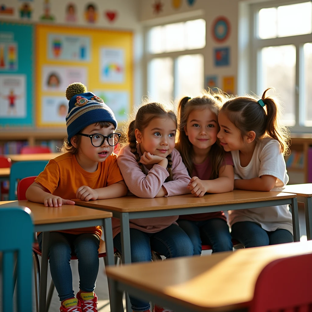 I need a group of students in a classroom, admired and murmuring among themselves, looking at each other strangely.