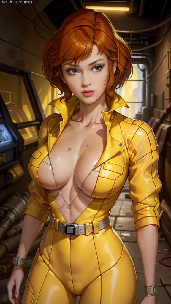 unreal engine:1.4,UHD,The best quality:1.4, photorealistic:1.4, skin texture:1.4, masterpiece:1.8,Posing behind April O'Neil waifu, 1980s \(style\), 1 woman, brown hair,(cyborg mecánica plastic transparent :1.4), Red hair,short hair,orange hair,serious expression, worried expression, Retro art style, short hair, only, female television reporter, yellow jersey suit, white belt,jersey suit on yellow hips, (_old: 1.2), half_old, neckline, hyperrealistic eyes, beautiful eyes,detailed eyes, realistic face, beautiful woman woman, realistic background,Inside a cyberpunk sewer tunnel, Amazing lights, amazing background, TV reporter, high quality, (RAW photo, best quality), (realistic, photorealistic: 1.4), (extremely delicate and beautiful: 1.4), amazing, fine details, masterpiece, ultra detailed, high resolution, best illustration, best shadow, intricate, ( extremely intricate: 1.2), (exquisitely detailed skin), cinematic light, perfect anatomy, (cool color: 1.4), sharp focus, 8k UHD, DSLR, (Fujifilm XT3),(cyborg V2.1), (cyborg plastic yellow mecánica transparente :1.4)