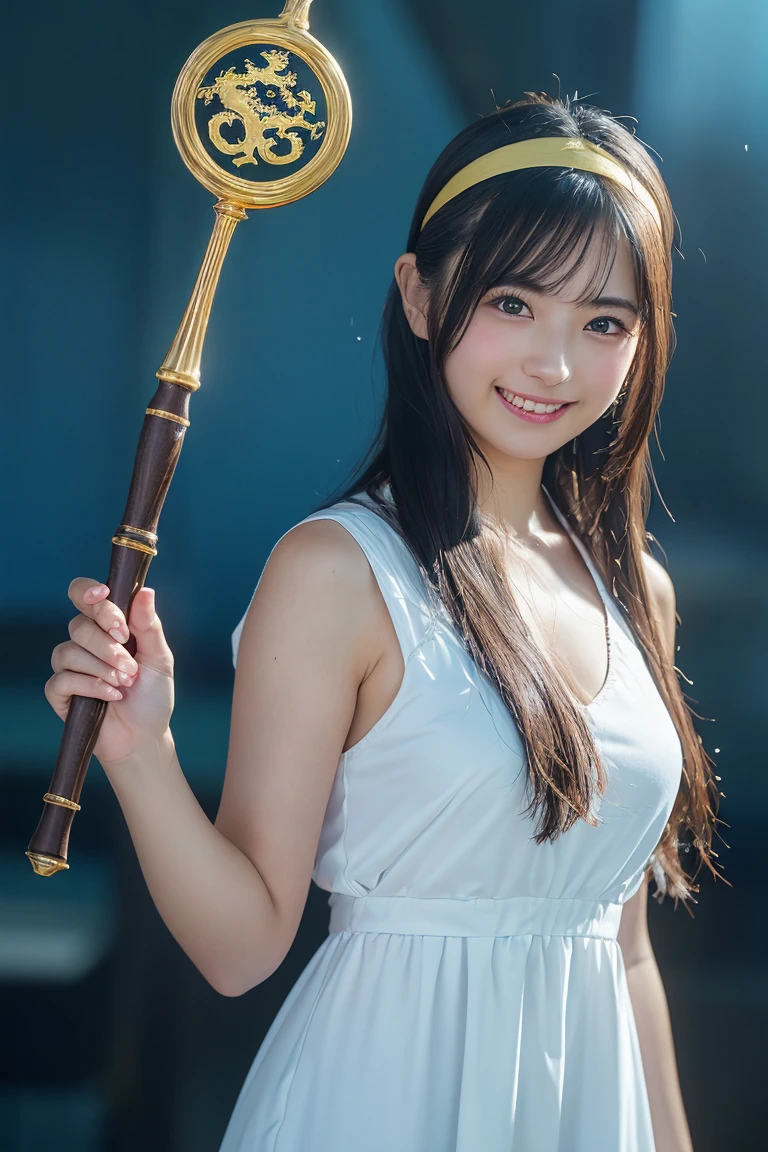 (8k, RAW Photos,Highest quality, High resolution:1.1), (Ultra-realistic:1.4),(Realistic, Realistic:1.3),The Beauty of Japan、((smile:1.3))、Okinawa(Ocean:1.4)、(Dragon Quest Sage,dq3,White Dress,golden headband,Staff of Enlightenment,Lotto Emblem:1.3)