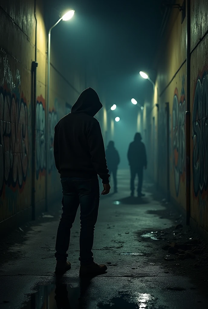 Generate an image of a paranoid person in a place with Details: Add elements that reinforce the idea of paranoia, like disturbing shadows, other people's gazes or a feeling of being surrounded