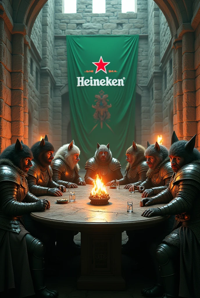 (photorealism:1.2), Eight legendary werewolves and she-wolves wearing armor of the gods around a medieval round table ,castle background with heineken flags