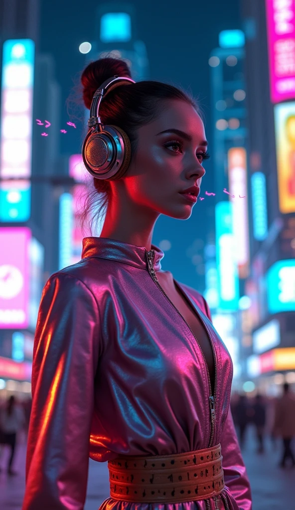 "A young woman in a futuristic cityscape, neon musical notes floating from her ears, high-tech and surreal setting, vibrant lighting, sci-fi ambiance, 8K resolution, hyperrealistic details, dynamic color contrasts, and sharp shadows, cinematic style."