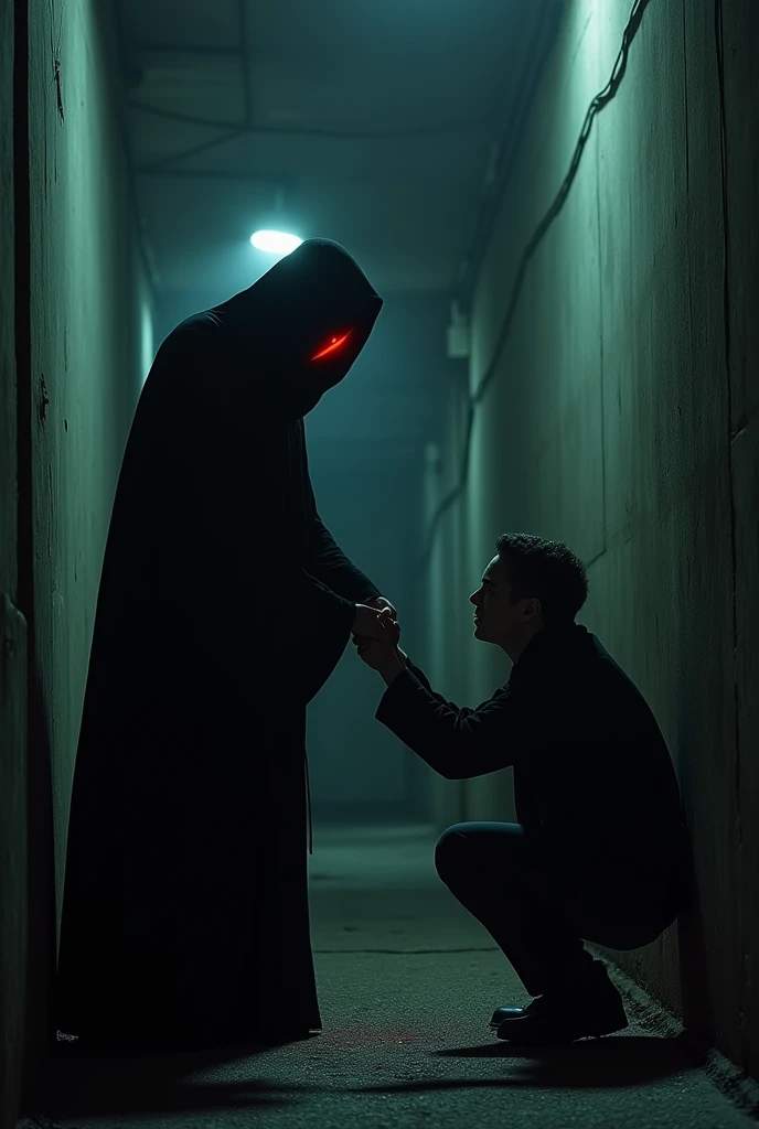 An entity completely dressed in black, powerful and with an aura of evil, and in the shadows only their red eyes are visible, shaking the hand of a desperate person crying because they are weak