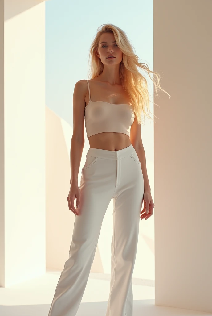 Draw a nude woman with blonde hair and white futuristic pants.