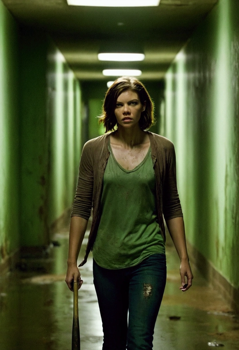 Image of 20 year old Lauren Cohan walking in a long, dark hallway with a faint green light and deteriorating green walls with dirty and broken windows at night., she holds a baseball bat in her hand, From a distance, estilo walking dead , There are four ugly and dirty zombies walking towards her trying to grab her