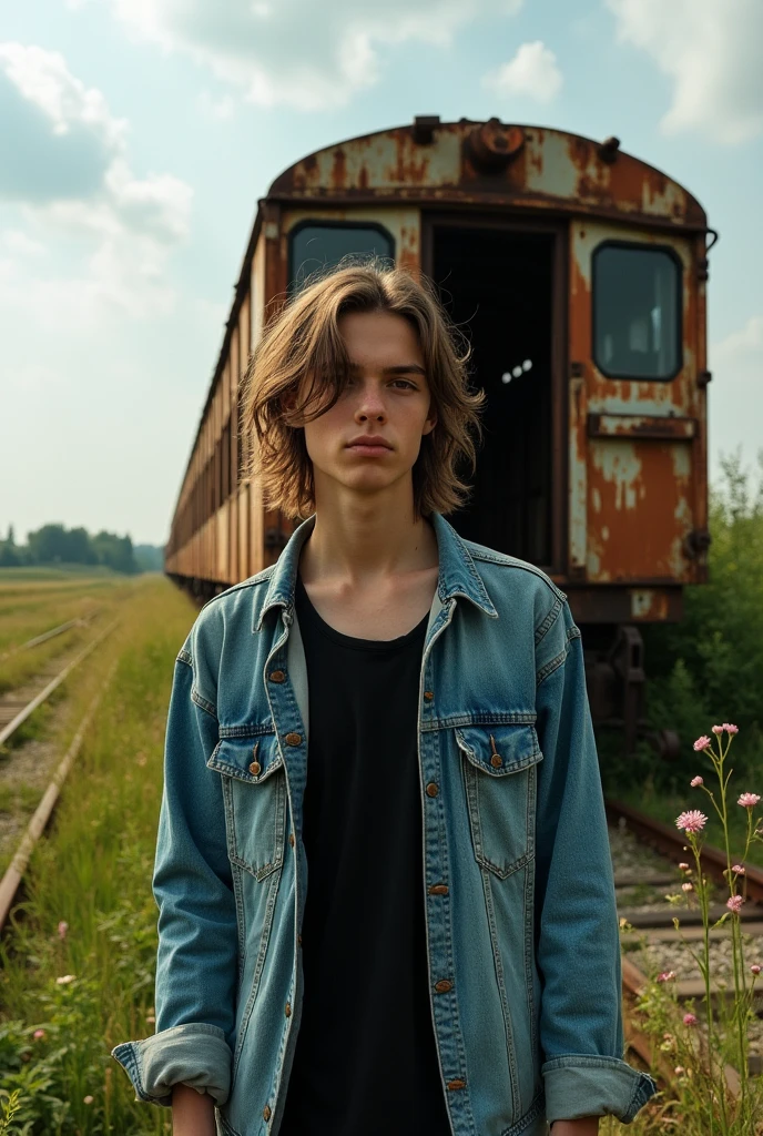 high quality age male sad long brown hair light skin wearing a denim jacket and black shirt on train tracks with a rusty old train behind with details