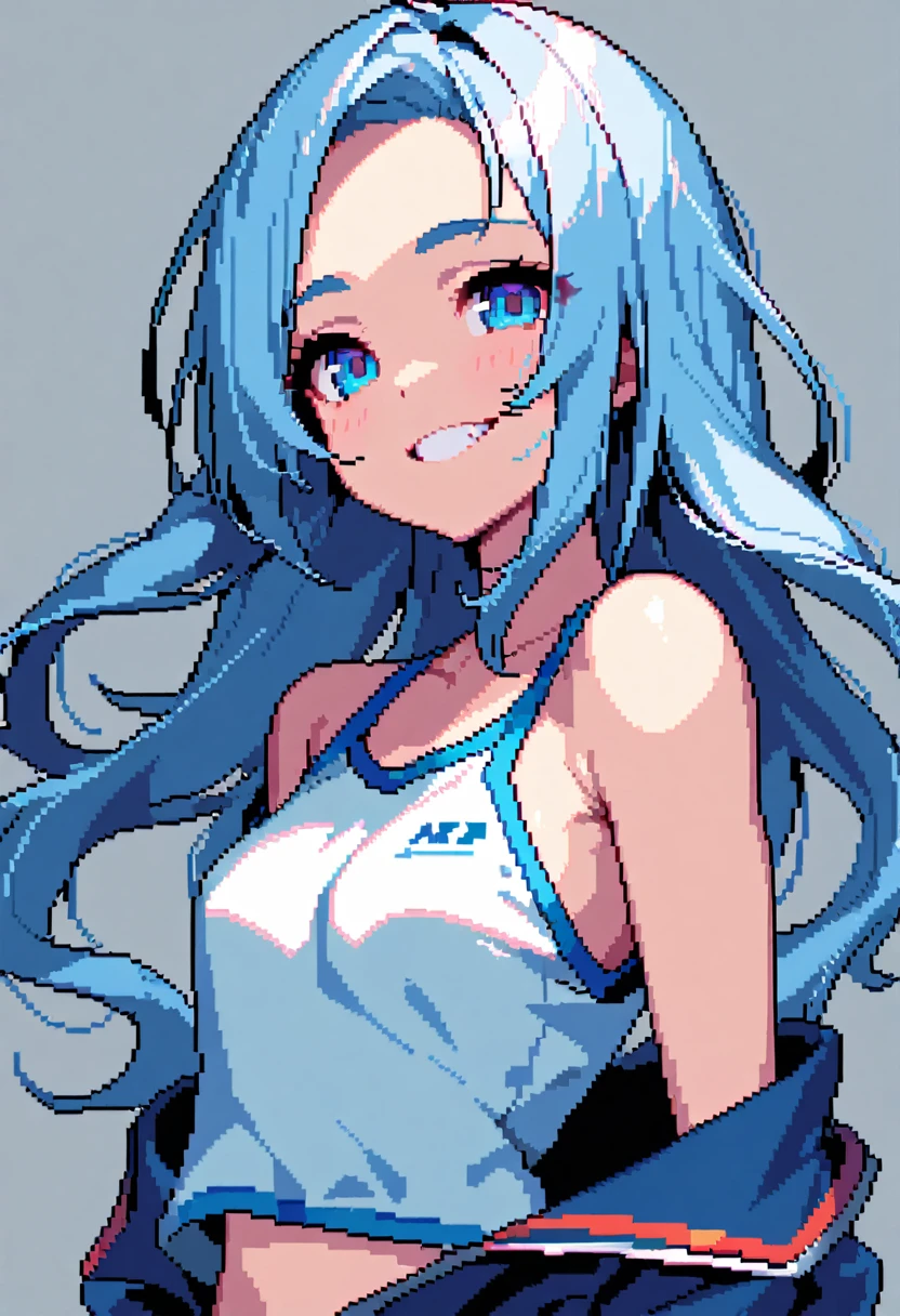 (8-bit pixel art style) (solo:2, 15 yo), (immensely beautiful girl) (detailed forehead) (beautiful blue hair long hair) (immensely cute blue eyes) (beautiful smile) (glossy lip, grin mouth) (small tits), in a detailed off shoulder tank top, hot pants), break, background white, BREAK, perfect anatomy, masterpiece, best quality, beautiful detailed 8-bit pixel, daydreaming expression.