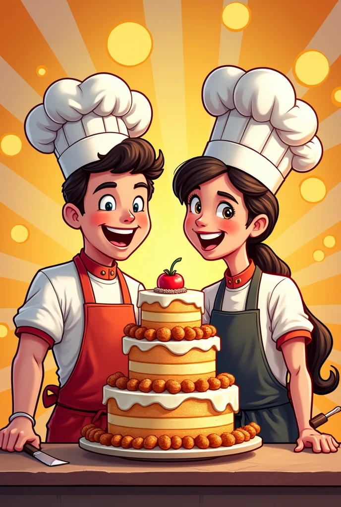 Young couple chef cake and skewer logo for a fast food restaurant named La Buena Mordida
