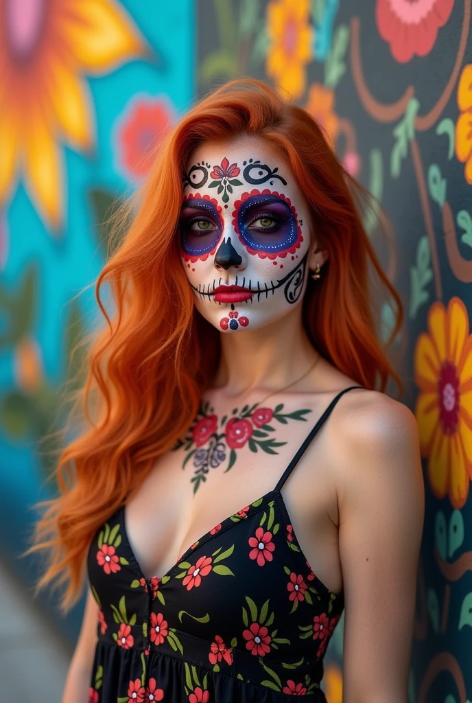 photo by full body ,beautiful redhead with mexican skull painted face, new, skin fair