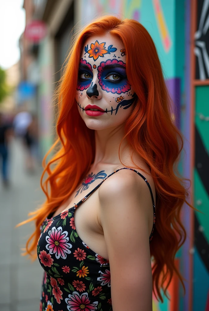 photo by full body ,beautiful redhead with mexican skull painted face, new, skin fair