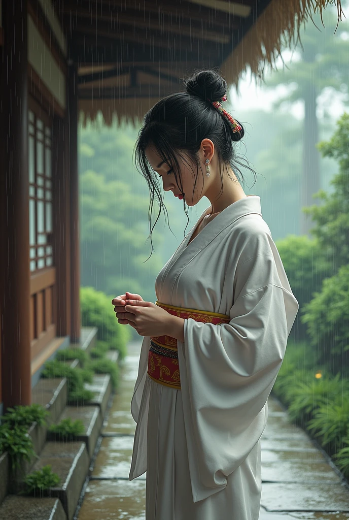 Wearing wet white clothes、Realistic Japan woman in a temple, Tie your hair、How to put on a hairpin、it's raining、Belly piercing