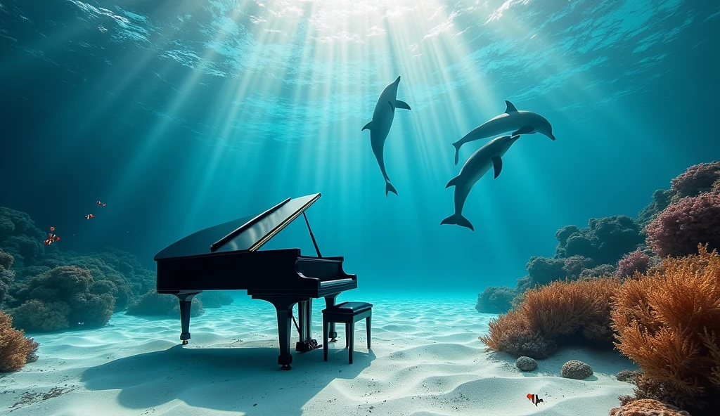 seaweed、Two dolphins swim out from the depths, a sunken ship is visible. Colorful coral reef "A stunning underwater scene featuring a black grand piano resting on a sandy seabed. Several dolphins swim gracefully around the piano. Sunbeams filter into the clear water from the top right of the screen, creating beautiful patterns on the sand and piano. The overall atmosphere is tranquil and mesmerizing, with the piano standing out against the vibrant blue tones of the ocean. The dolphins are playful and inquisitive, enlivening the serene underwater environment. The image is realistic, capturing fine details of the piano, dolphins, and underwater light effects." A pair of clownfish swim gracefully around colorful coral. Change the composition to a top-down view