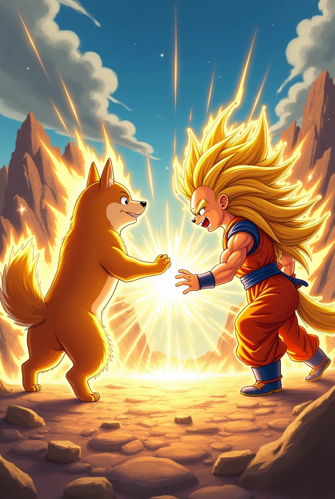 Draw a picture of Cheems and Doge as Super Saiyan fighting