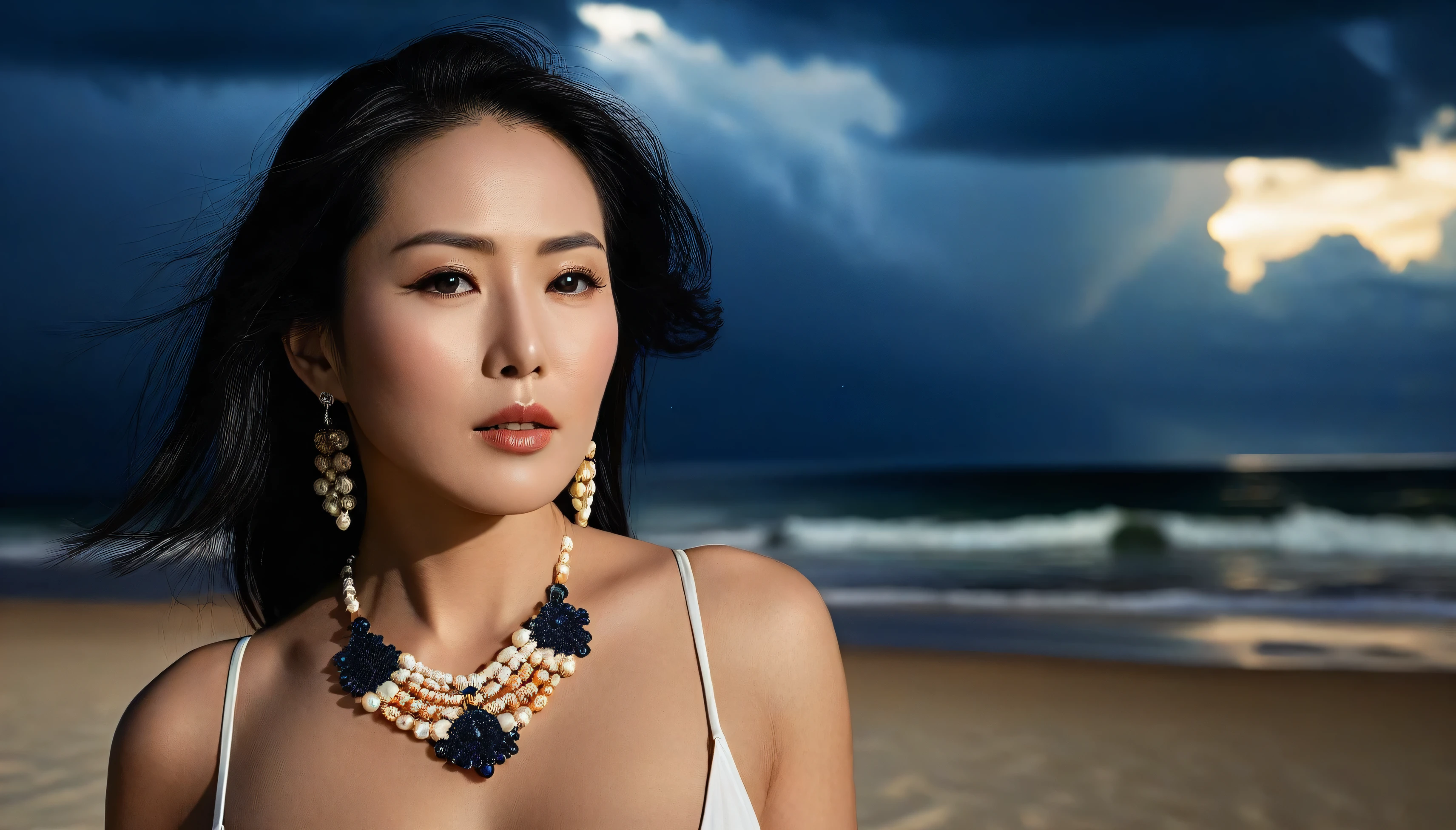 score_9, score_8_superior, score_7_superior, A masterpiece in 32K resolution,Highest quality,it is really amazing,Very detailed,Ultra-high resolution,Ultra-realistic,Realistic,Increased depth of field,Cinematic lighting,
Sexy mature Japan woman,
black straight medium hair,Ultra-detailed and beautiful face,Gentle expression,Translucent white skin,Realistic skin texture,
Elegant swimwear,
Elegant and luxurious design,Colorful color patterns,Beautifully detailed decoration,Detailed fabric texture,
Gorgeous necklace,Earrings,
Dark skies before the storm,Dark clouds covering the dark sky,Thunderclouds rolling in,Coastline at night,Stormy seas,delay々A desolate sandy beach that continues,
Dramatic Angle,Great proportions,Lying on the sandy beach,