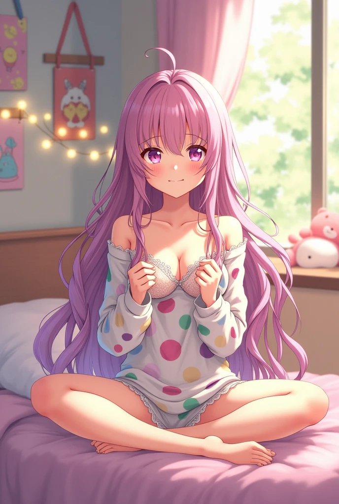 An anime girl in pajamas wearing a bra
