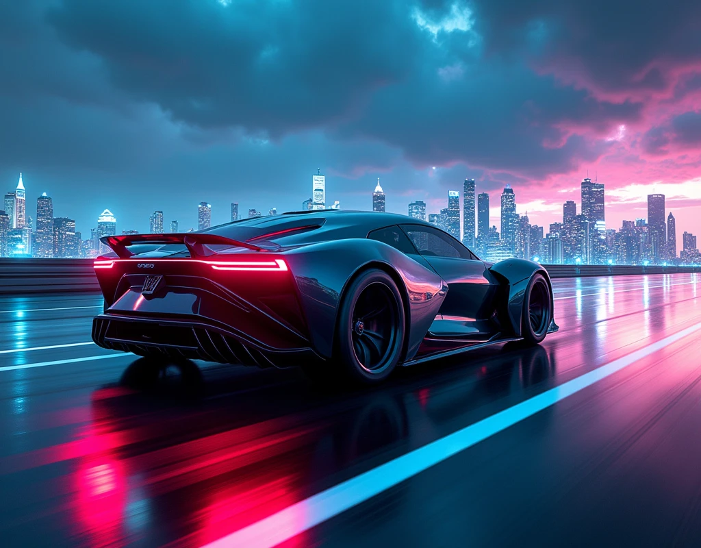 (Photorealism:1.2), high quality, 8K Ultra HD, A cinematic masterpiece unfolds: A futuristic concept car, with an armor plated chassis, speeding along a highway at night. In the background, a vibrant cyberpunk neon cityline glows under the night sky. The futuristic car boasts a completely new, futuristic design, embodying cutting-edge aesthetics. The image is an epic cinematic scene, brilliantly detailed with stunning intricate elements, dramatic atmospheric lighting, and maximalist digital matte painting. Rendered in 32k ultra-high definition, the dynamic lighting casts dramatic shadows, achieving exquisite realism. The scene blends realistic, intricate details with warm colors, inspired by the styles of Greg Rutkowski and Alphonse Mucha.