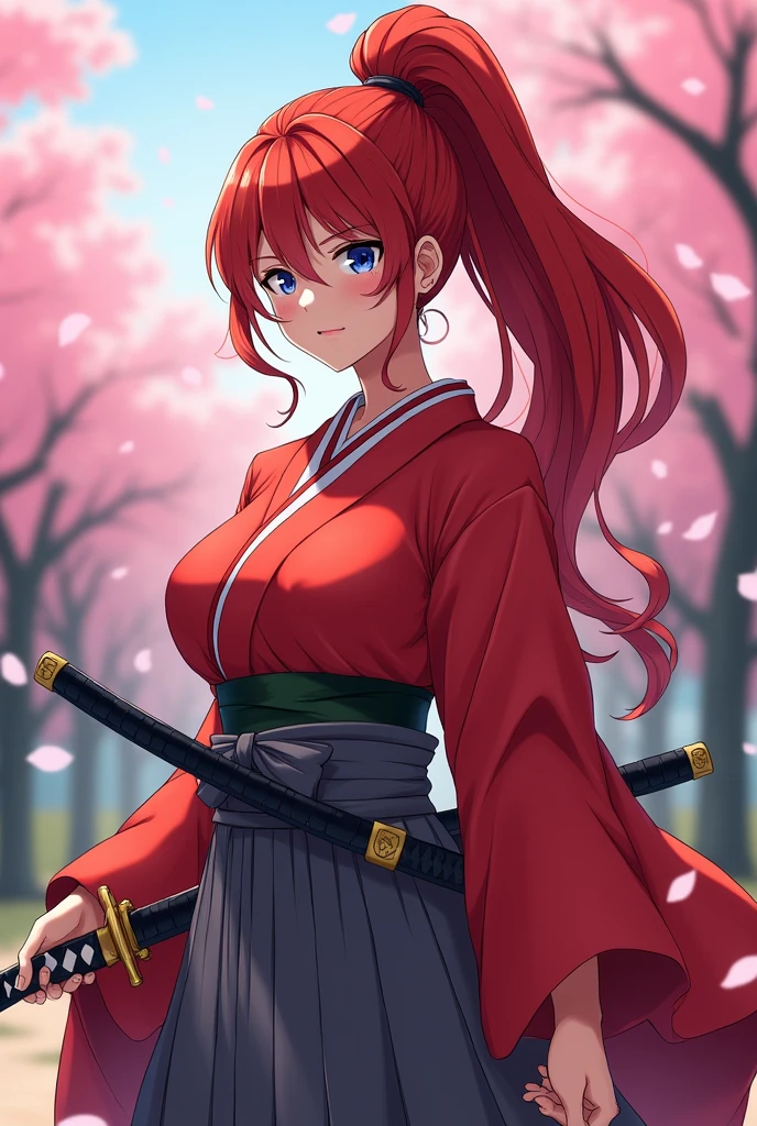 Anime, Japanese woman in a kimono, with blue eyes, red hair, long hair in a ponytail, gray hakama, crimson clothing, a katana on her left hip, large breasts, and a large backside, with an emphasis on her chest. 
