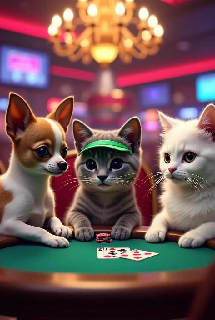 (Highest quality、masterpiece、8k))、Anatomically correct、Very detailed、High resolution、Cinematic lighting、Realistic、((Beautiful, sparkling, detailed eyes))、Intricate details、((Dynamic composition))、Two kittens、Big head、casino、poker、ROYALE STRAIGHT FLUSH